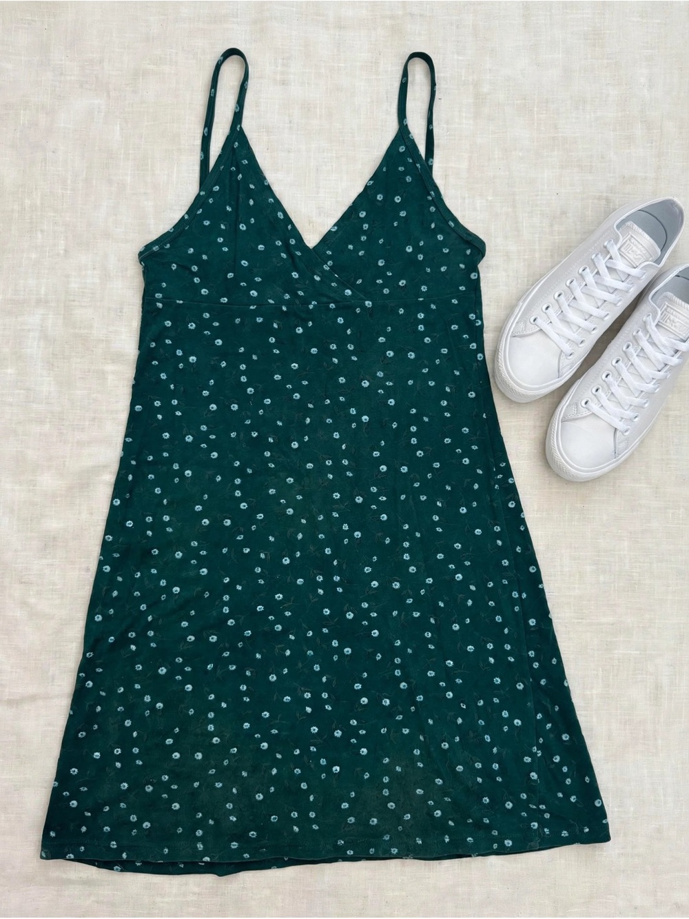 Brandy Melville Forest Green Mini Slip Dress with Light Dot Print. One Size.